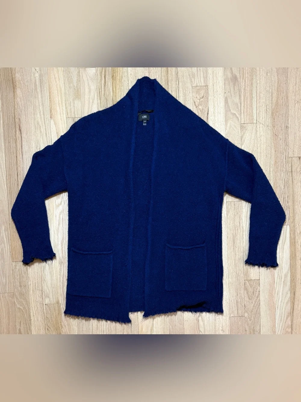 LINE the Label Navy Blue Fuzzy Textured Raw Edge Open Wool Blend Cardigan XS